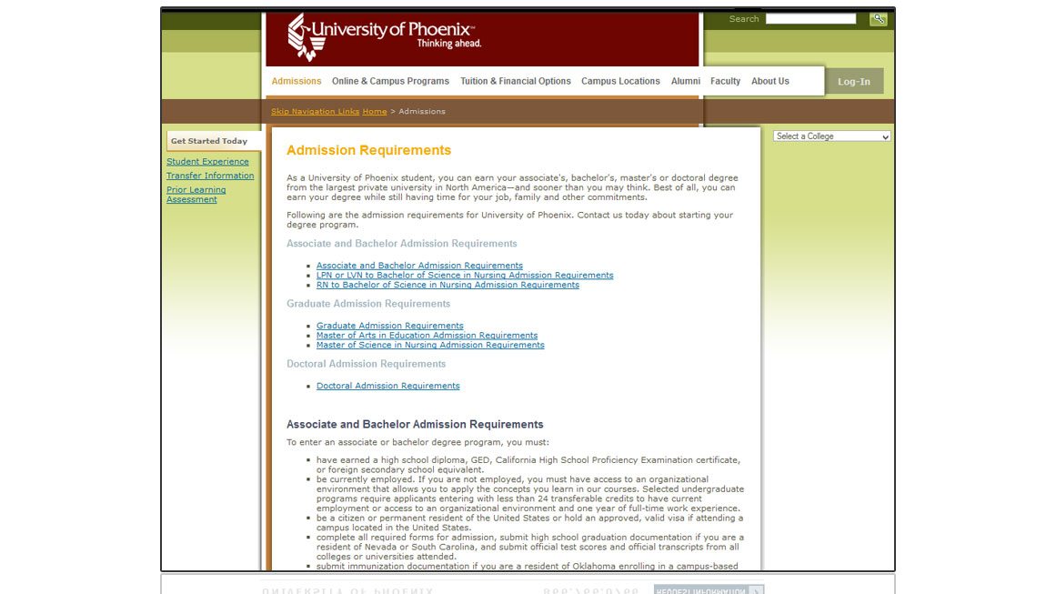 University of Phoenix Admissions Page